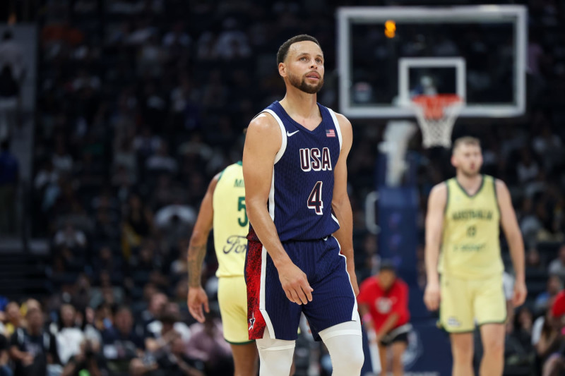 ABU DHABI, UAE - JULY 15: Stephen Curry #4 of Team USA looks on during the game against the Australian Basketball Men's Team during the 2024 USA Basketball Showcase on July 15, 2024 in Abu Dhabi, The United Arab Emirates at Etihad Arena. NOTE TO USER: User expressly acknowledges and agrees that, by downloading and/or using this Photograph, user is consenting to the terms and conditions of the Getty Images License Agreement. Mandatory Copyright Notice: Copyright 2024 NBAE (Photo by Joe Murphy/NBAE via Getty Images)