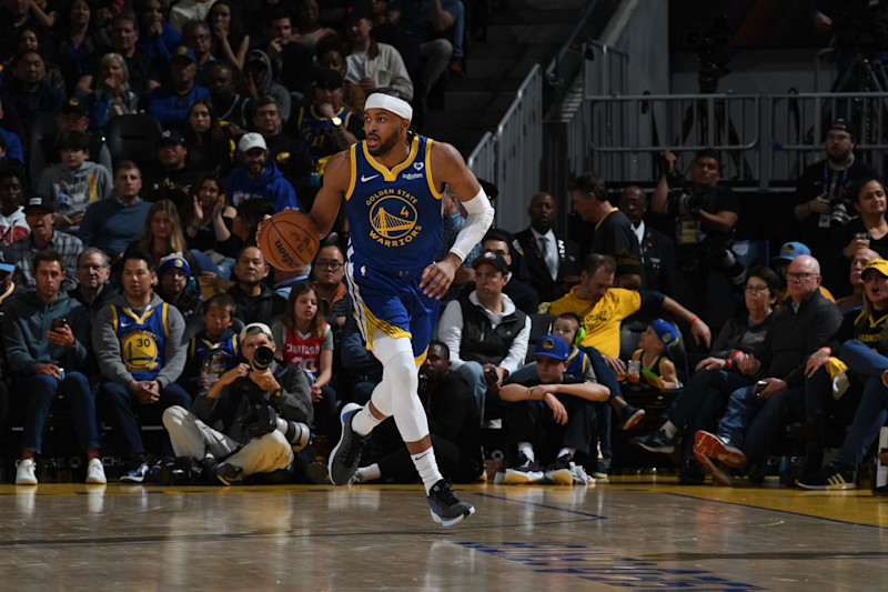 SAN FRANCISCO, CA - MARCH 9: Moses Moody #4 of the Golden State Warriors dribbles the ball during the game against the San Antonio Spurs on MARCH 9, 2024 at Chase Center in San Francisco, California. NOTE TO USER: User expressly acknowledges and agrees that, by downloading and or using this photograph, user is consenting to the terms and conditions of Getty Images License Agreement. Mandatory Copyright Notice: Copyright 2024 NBAE (Photo by Noah Graham/NBAE via Getty Images)