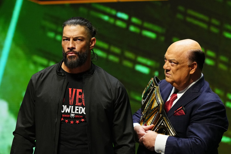 LAS VEGAS, NV - FEBRUARY 08:  Roman Reigns, WWE Undisputed Universal Champion during the WWE Wrestlemania XL Kickoff on February 08, 2024, at T-Mobile Arena in Las Vegas, NV. (Photo by Louis Grasse/PXimages/Icon Sportswire via Getty Images)