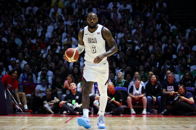 LONDON, ENGLAND - JULY 22: LeBron James #6 of Team USA dribbles the ball during the game against Team Germany as part of the 2024 USA Basketball Showcase on July 22, 2024 in London, England at O2 Arena. NOTE TO USER: User expressly acknowledges and agrees that, by downloading and/or using this photograph, user is consenting to the terms and conditions of the Getty Images License Agreement. Mandatory Copyright Notice: Copyright 2024 NBAE (Photo by Nathaniel S. Butler/NBAE via Getty Images)