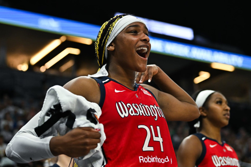 MINNEAPOLIS, MINNESOTA - JULY 6: Aaliyah Edwards #24 of the Washington Mystics reacts after a play in the second quarter of the game against the Minnesota Lynx at Target Center on July 6, 2024 in Minneapolis, Minnesota. (Photo by Stephen Maturen/Getty Images)