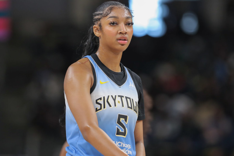 CHICAGO, IL - JULY 13: Angel Reese #5 of the Chicago Sky looks on during the first half against the New York Liberty on July 13, 2024 at Wintrust Arena in Chicago, Illinois. (Photo by Melissa Tamez/Icon Sportswire via Getty Images)