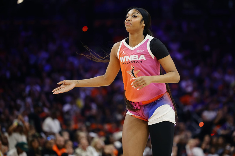 PHOENIX, ARIZONA - JULY 20: Angel Reese #5 of Team WNBA reacts after scoring against the USA Basketball Women's National Team during the first half of the 2024 WNBA All-Star game at Footprint Center on July 20, 2024 in Phoenix, Arizona. NOTE TO USER: User expressly acknowledges and agrees that, by downloading and or using this photograph, User is consenting to the terms and conditions of the Getty Images License Agreement. (Photo by Alex Slitz/Getty Images)