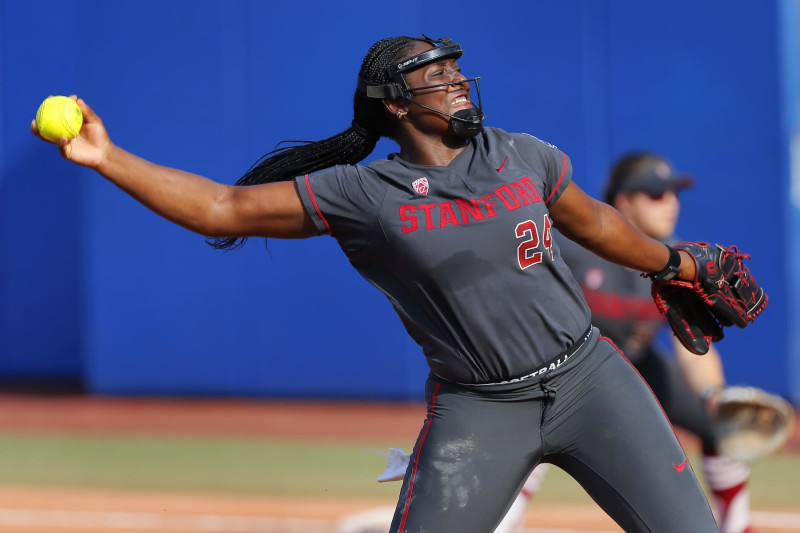 OKLAHOMA CITY, OK - JUNE 03: Pitcher NiJaree Canady #24 of the Stanford Cardinals delivers a pitch against the Texas Longhorns in the first inning during the 2024 NCAA Women's College World Series at OGE Energy Field at Devon Park on June 3, 2024 in Oklahoma City, Oklahoma. Texas won 1-0 to advance to the finals. (Photo by Brian Bahr/Getty Images)