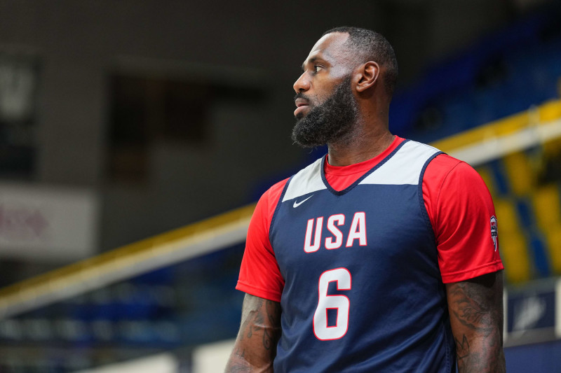 PARIS, FRANCE - JULY 25: LeBron James #6 of the USA Men's National Team looks on during the USA Men's National Team practice at Palais des Sports Marcel-Cerdan on July 25, 2024 in Paris, France. NOTE TO USER: User expressly acknowledges and agrees that, by downloading and/or using this photograph, user is consenting to the terms and conditions of the Getty Images License Agreement. Mandatory Copyright Notice: Copyright 2024 NBAE (Photo by Garrett W. Ellwood/NBAE via Getty Images)