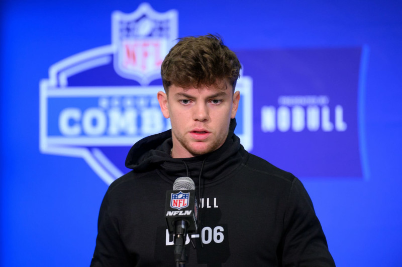 INDIANAPOLIS, IN - FEBRUARY 29: Iowa defensive back Cooper DeJean answers questions from the media during the NFL Scouting Combine on February 29, 2024, at the Indiana Convention Center in Indianapolis, IN. (Photo by Zach Bolinger/Icon Sportswire via Getty Images)