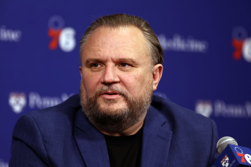 PHILADELPHIA, PENNSYLVANIA - DECEMBER 15: President of basketball operations Daryl Morey participates in a press conference before a game between the Philadelphia Flyers and the Washington Capitals at the Wells Fargo Center on December 15, 2023 in Philadelphia, Pennsylvania. NOTE TO USER: User expressly acknowledges and agrees that, by downloading and or using this photograph, User is consenting to the terms and conditions of the Getty Images License Agreement. (Photo by Tim Nwachukwu/Getty Images)