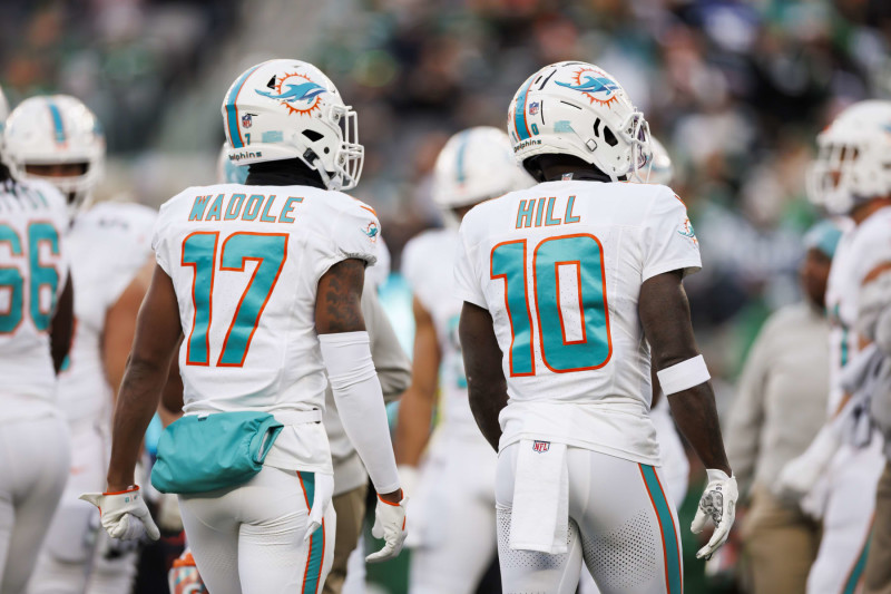 EAST RUTHERFORD, NEW JERSEY - NOVEMBER 24: Miami Dolphins Tyreek Hill #10 of the Miami Dolphins and Jaylen Waddle #17 of the Miami Dolphins during an NFL football game against the New York Jets at MetLife Stadium on November 24, 2023 in East Rutherford, New Jersey. (Photo by Ryan Kang/Getty Images)