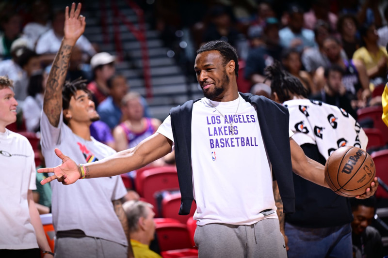 LAS VEGAS, NV - JULY 20: Bronny James Jr. #9 of the Los Angeles Lakers celebrates during the game against the Chicago Bulls on July 20, 2024 at the Thomas & Mack Center in Las Vegas, Nevada. NOTE TO USER: User expressly acknowledges and agrees that, by downloading and or using this photograph, User is consenting to the terms and conditions of the Getty Images License Agreement. Mandatory Copyright Notice: Copyright 2023 NBAE (Photo by Adam Hagy/NBAE via Getty Images)