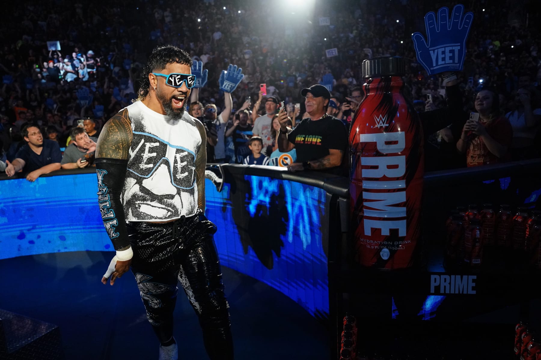GREEN BAY, WISCONSIN - JULY 22: Jey Uso makes his way to the ring during Monday Night RAW at Resch Center on July 22, 2024 in Green Bay, Wisconsin. (Photo by WWE/Getty Images)