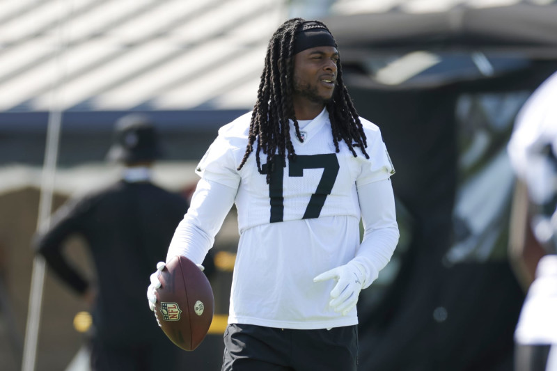 COSTA MESA, CA - JULY 24: Las Vegas Raiders wide receiver Davante Adams #17 takes part in a drill during the team's training camp at Jack Hammett Sports Complex on July 24, 2024 in Costa Mesa, CA. (Photo by Brandon Sloter/Icon Sportswire via Getty Images)