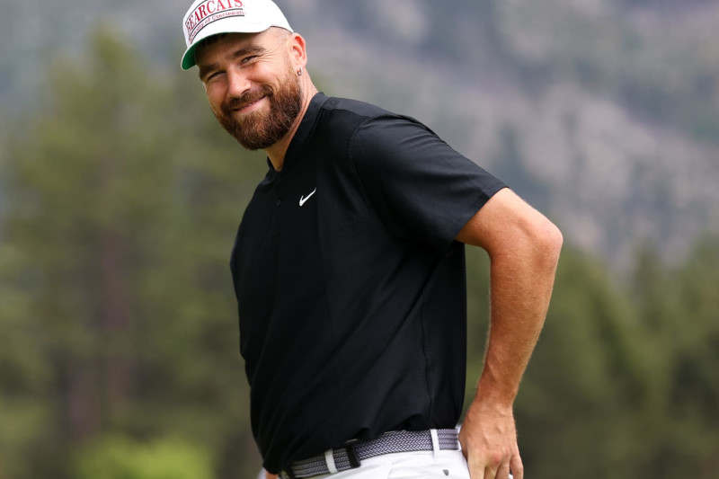 STATELINE, NEVADA - JULY 14: NFL football player Travis Kelce smiles at the 18th hole on day three of the 2024 American Century Championship at Edgewood Tahoe Golf Course on July 14, 2024 in Stateline, Nevada. (Photo by Isaiah Vazquez/Getty Images)