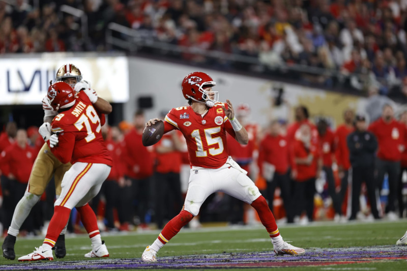 LAS VEGAS, NV - FEBRUARY 11: Patrick Mahomes #15 of the Kansas City Chiefs passes during Super Bowl LVIII against the San Francisco 49ers at Allegiant Stadium on February 11, 2024 in Las Vegas, Nevada. The Chiefs defeated the 49ers 25-22. (Photo by Michael Zagaris/San Francisco 49ers/Getty Images)