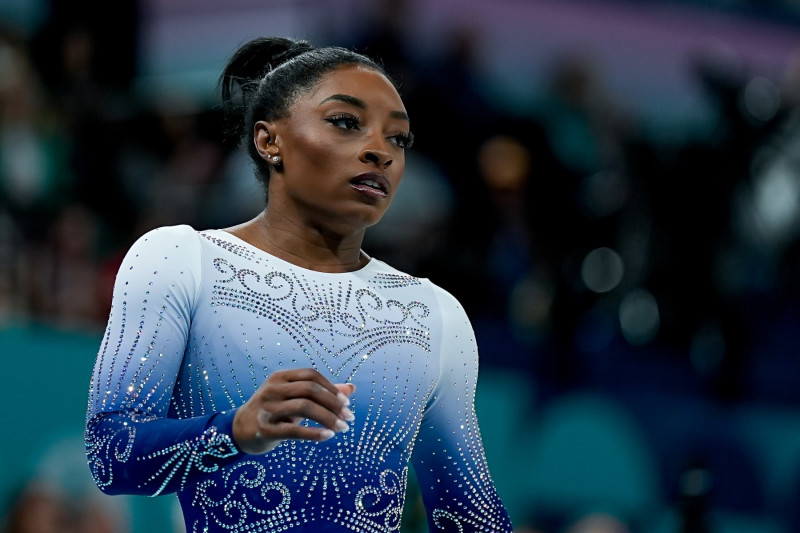 PARIS, FRANCE - AUGUST 5: Simone Biles of United States looks dejected and disappointed after her performance during the Women's Balance Beam Final on day ten of the Olympic Games Paris 2024 at Bercy Arena on August 5, 2024 in Paris, France. (Photo by Daniela Porcelli/Eurasia Sport Images/Getty Images)