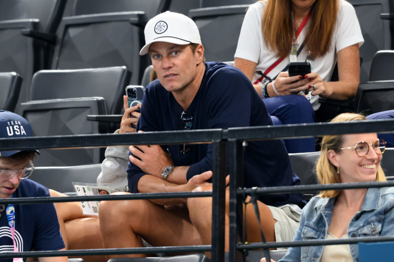 PARIS, FRANCE - AUGUST 05: Tom Brady attends the Artistic Gymnastics Women's Floor Exercise Final on day ten of the Olympic Games Paris 2024 at Bercy Arena on August 05, 2024 in Paris, France. (Photo by Karwai Tang/Getty Images)