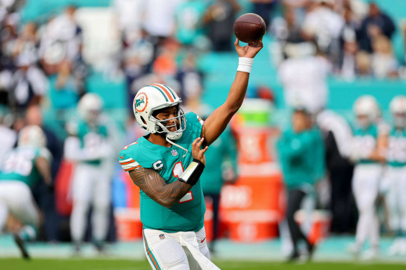 MIAMI GARDENS, FLORIDA - DECEMBER 24: Tua Tagovailoa #1 of the Miami Dolphins warms up prior to the game against the Dallas Cowboys at Hard Rock Stadium on December 24, 2023 in Miami Gardens, Florida. (Photo by Stacy Revere/Getty Images)