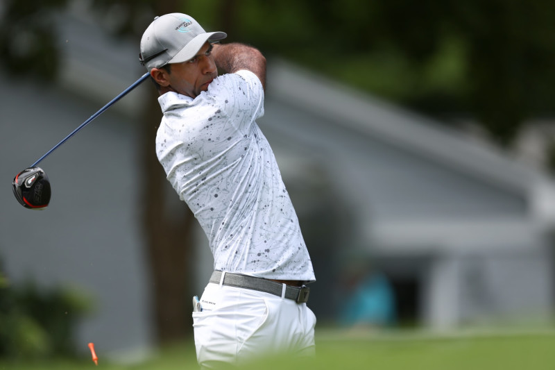 GREENSBORO, NORTH CAROLINA - AUGUST 11: Aaron Rai of England plays his shot from the eighth tee during the third round of the Wyndham Championship at Sedgefield Country Club on August 11, 2024 in Greensboro, North Carolina. (Photo by David Jensen/Getty Images)