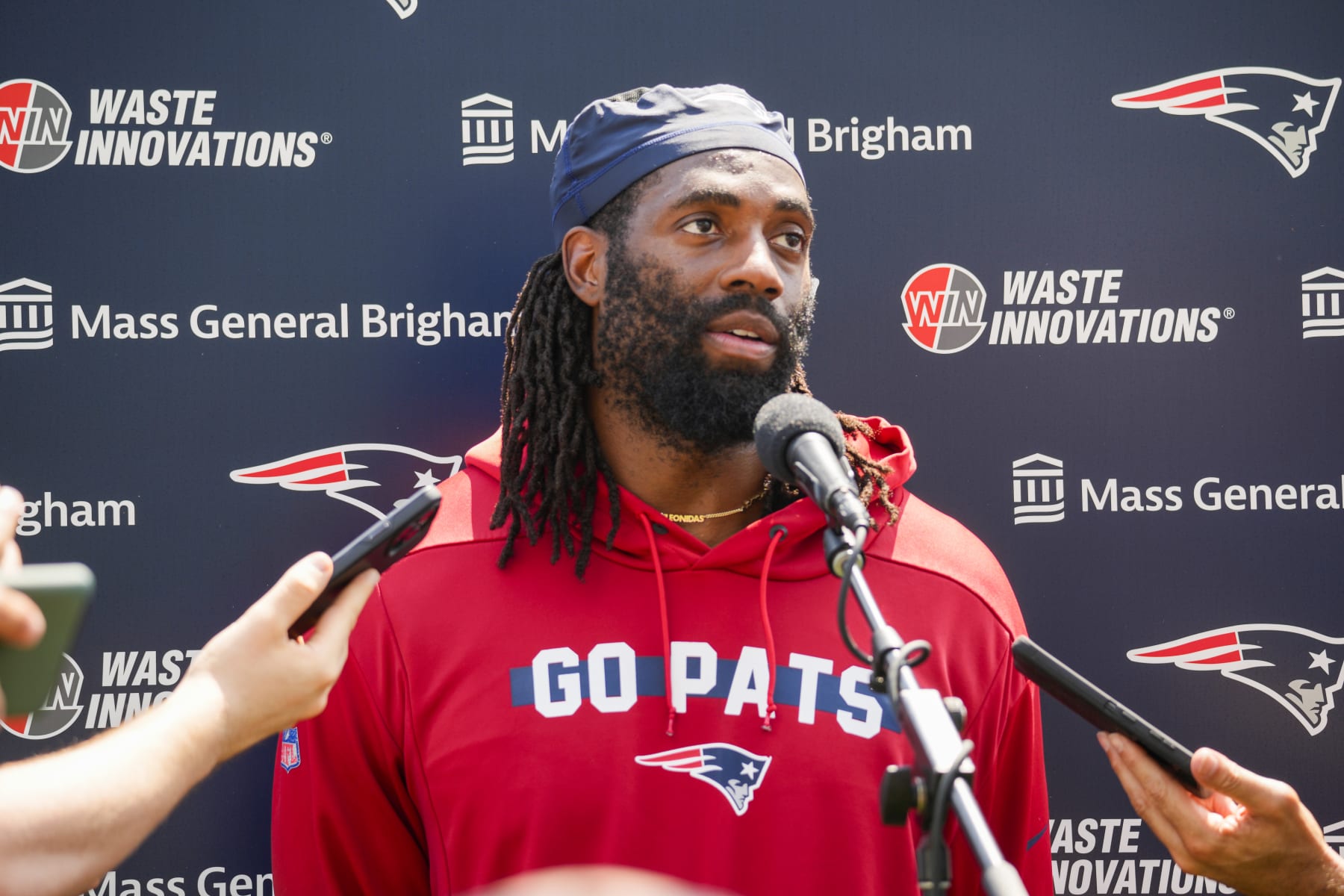 Foxborough, MA - August 5: New England Patriots LB Matthew Judon talks with the media. (Photo by Kayla Bartkowski/The Boston Globe via Getty Images)