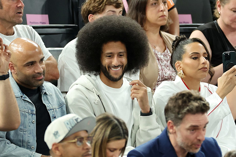 PARIS, FRANCE - AUGUST 08: Former NFL player Colin Kaepernick looks on during a Men's basketball semifinals match between Team United States and Team Serbia on day thirteen of the Olympic Games Paris 2024 at Bercy Arena on August 08, 2024 in Paris, France. (Photo by Arturo Holmes/Getty Images)