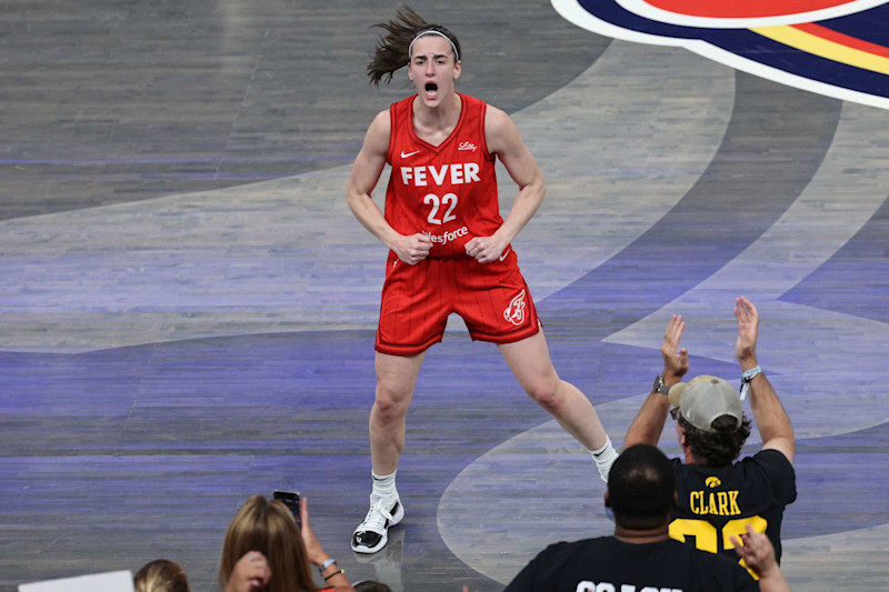 INDIANAPOLIS, IN - AUGUST 16:  Caitlin Clark #22 of the Indiana Fever celebrates during the game on August 16, 2024 at Gainbridge Fieldhouse in Indianapolis, Indiana. NOTE TO USER: User expressly acknowledges and agrees that, by downloading and or using this Photograph, user is consenting to the terms and conditions of the Getty Images License Agreement. Mandatory Copyright Notice: Copyright 2024 NBAE (Photo by Michael Hickey/NBAE via Getty Images)