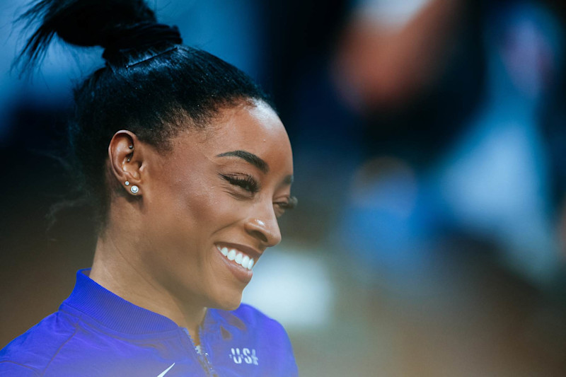 PARIS, FRANCE - AUGUST 05: (Editors Note: A digital filter has been applied) Simone Biles of United States focused during the Women's Balance Beam Final on day ten of the Olympic Games Paris 2024 at Bercy Arena on August 5, 2024 in Paris, France. (Photo by Carmen Mandato/Getty Images)