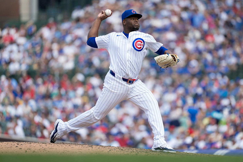 CHICAGO, ILLINOIS - AUGUST 03: Hector Neris of the Chicago Cubs pitches against the St. Louis Cardinals at Wrigley Field on August 03, 2024 in Chicago, Illinois. (Photo by Matt Dirksen/Chicago Cubs/Getty Images)