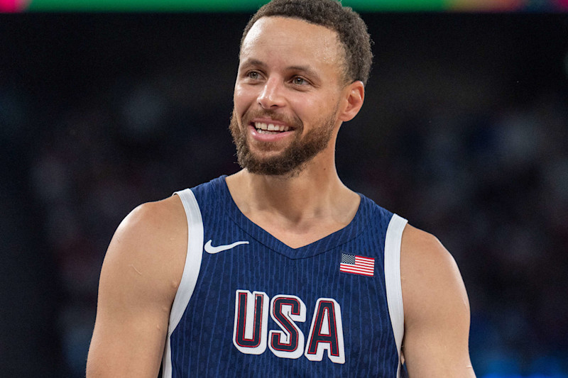 PARIS, FRANCE - AUGUST 10: Stephen Curry of Team USA gestures during Men's Gold Medal game between Team France and Team United States on day fifteen of the Olympic Games Paris 2024 at Bercy Arena on August 10, 2024 in Paris, France. (Photo by Aytac Unal/Anadolu via Getty Images)