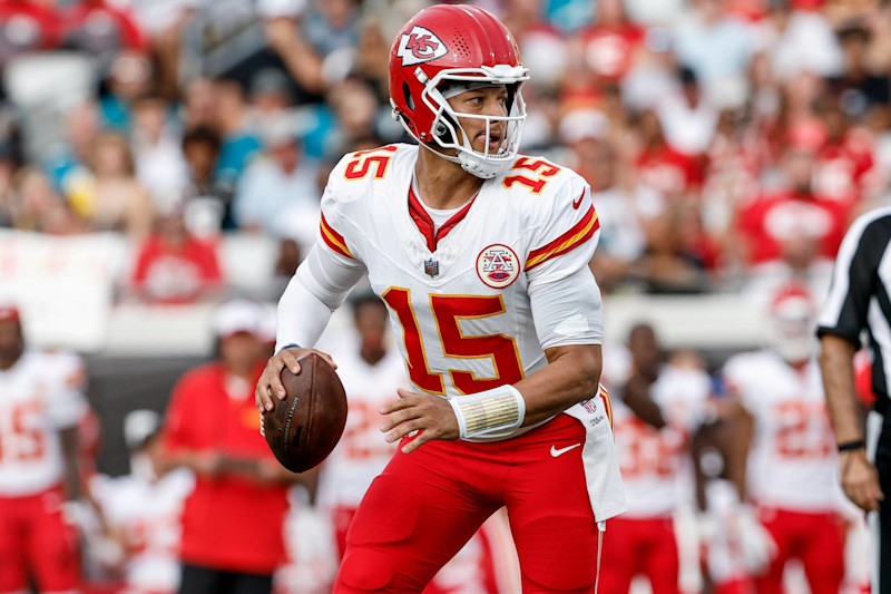 JACKSONVILLE, FL - AUGUST 10: Quarterback Patrick Mahomes #15 of the Kansas City Chiefs on a pass play during a preseason game against the Jacksonville Jaguars at EverBank Stadium on August 10, 2024 in Jacksonville, Florida. The Jaguars defeated the Chiefs 26 to 13. (Photo by Don Juan Moore/Getty Images)