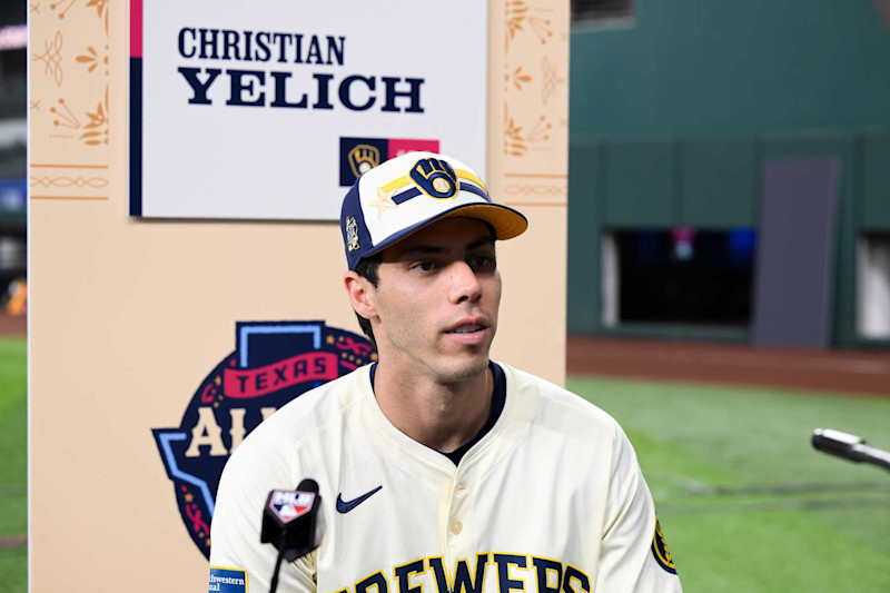 ARLINGTON, TEXAS - JULY 15: Christian Yelich #22 of the Milwaukee Brewers speaks to the mediaduring Gatorade All-Star Workout Day at Globe Life Field on July 15, 2024 in Arlington, Texas. (Photo by Gene Wang/Getty Images)