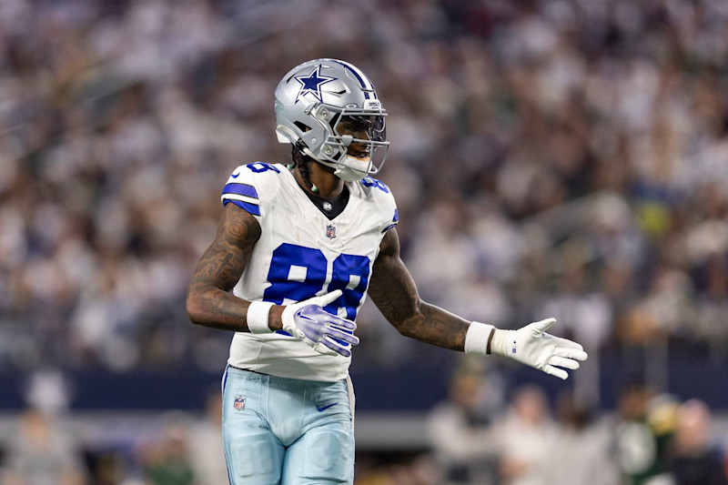 ARLINGTON, TEXAS - JANUARY 14: CeeDee Lamb #88 of the Dallas Cowboys lines up during an NFL wild-card playoff football game between the Dallas Cowboys and the Green Bay Packers at AT&T Stadium on January 14, 2024 in Arlington, Texas. (Photo by Michael Owens/Getty Images)