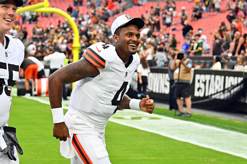 CLEVELAND, OHIO - AUGUST 10: Quarterback Deshaun Watson #4 of the Cleveland Browns walks off the field after a preseason game against the Green Bay Packers at Cleveland Browns Stadium on August 10, 2024 in Cleveland, Ohio. The Packers defeated the Browns 23-10.  (Photo by Jason Miller/Getty Images)