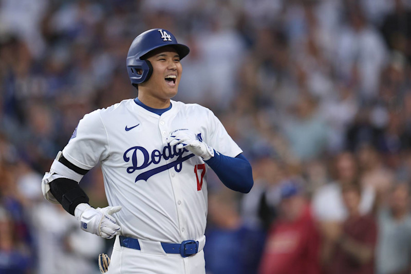 LOS ANGELES, CALIFORNIA - AUGUST 28: Shohei Ohtani #17 of the Los Angeles Dodgers reacts to his solo home run, his 42nd of the season, to take a 1-0 lead over the Baltimore Orioles, during the first inning at Dodger Stadium on August 28, 2024 in Los Angeles, California. (Photo by Harry How/Getty Images)