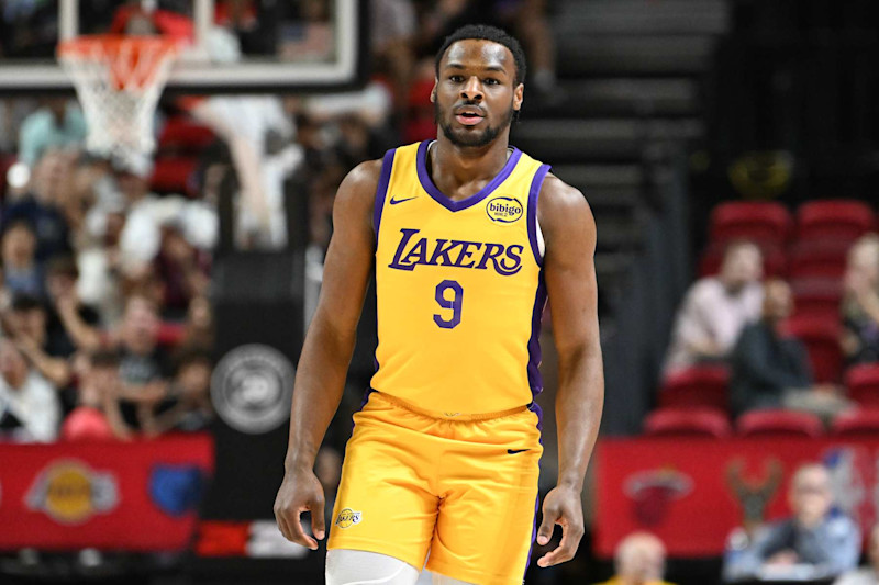 LAS VEGAS, NEVADA - JULY 18: Bronny James Jr. #9 of the Los Angeles Lakers looks on against the Cleveland Cavaliers in the first half of a 2024 NBA Summer League game at the Thomas & Mack Center on July 18, 2024 in Las Vegas, Nevada. The Lakers defeated the Cavaliers 93-89. NOTE TO USER: User expressly acknowledges and agrees that, by downloading and or using this photograph, User is consenting to the terms and conditions of the Getty Images License Agreement. (Photo by Candice Ward/Getty Images)