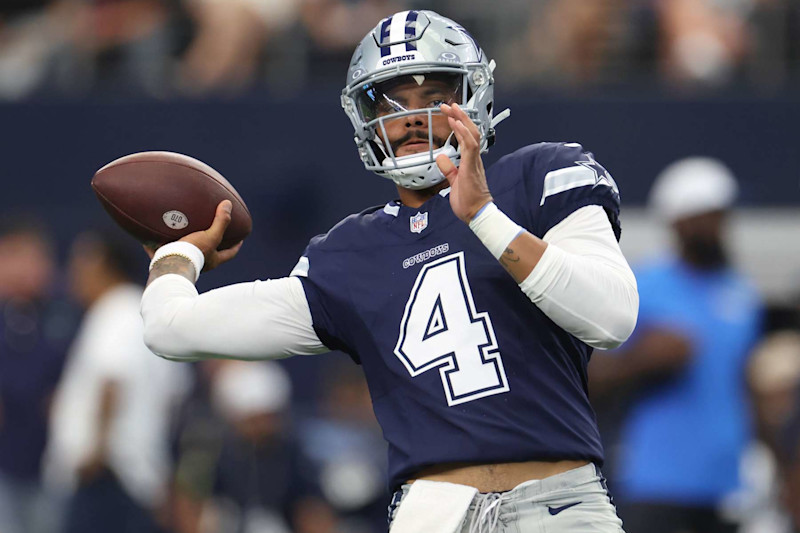 ARLINGTON, TX - AUGUST 24: Dak Prescott #4 of the Dallas Cowboys warms up before a preseason game between the Dallas Cowboys and the Los Angeles Chargers at AT&T Stadium on August 24, 2024 in Arlington, Texas. (Photo by Ron Jenkins/Getty Images)