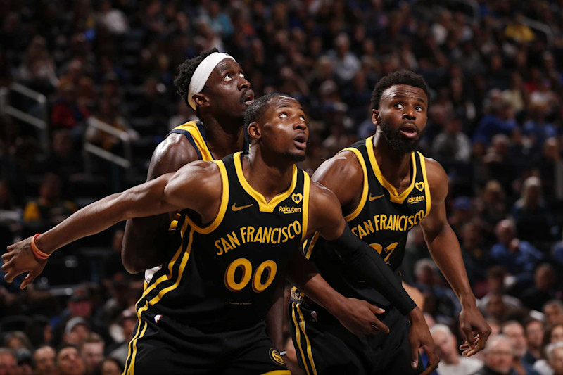 SAN FRANCISCO, CA - MARCH 22: Jonathan Kuminga #00 and Andrew Wiggins #22 of the Golden State Warriors box out against Pascal Siakam #43 of the Indiana Pacers during the game on March 22, 2024 at Chase Center in San Francisco, California. NOTE TO USER: User expressly acknowledges and agrees that, by downloading and or using this photograph, user is consenting to the terms and conditions of Getty Images License Agreement. Mandatory Copyright Notice: Copyright 2024 NBAE (Photo by Jed Jacobsohn/NBAE via Getty Images)