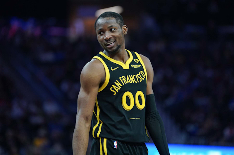 SAN FRANCISCO, CA - MARCH 7: Jonathan Kuminga #00 of the Golden State Warriors smiles between plays in the second quarter against the Chicago Bulls at Chase Center on March 7, 2024 in San Francisco, California. NOTE TO USER: User expressly acknowledges and agrees that, by downloading and/or using this photograph, User is consenting to the terms and conditions of the Getty Images License Agreement. (Photo by Kavin Mistry/Getty Images)