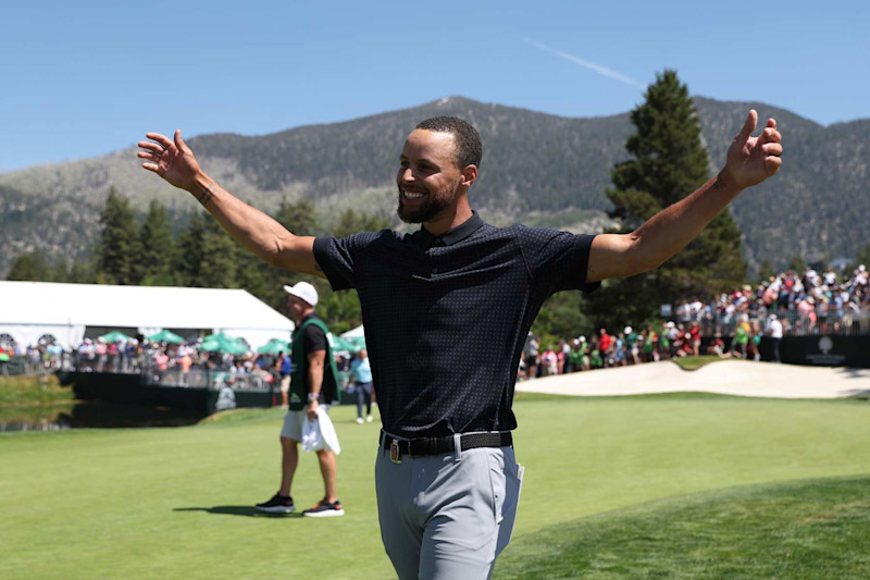 STATELINE, NEVADA - JULY 16: Stephen Curry of the NBA Golden State Warriors celebrates after winning the championship on Day Three of the 2023 American Century Championship at Edgewood Tahoe Golf Course on July 16, 2023 in Stateline, Nevada. (Photo by Isaiah Vazquez/Getty Images)