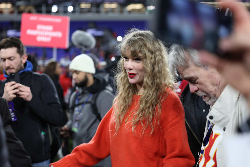 BALTIMORE, MD - JANUARY 28: Taylor Swift walks off the field after a game between the Baltimore Ravens and the Kansas City Chiefs at M&T Bank Stadium on January 28, 2024 in Baltimore, Maryland. (Photo by Perry Knotts/Getty Images)