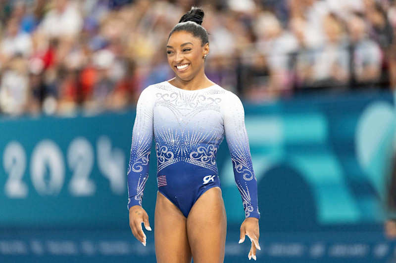 PARIS, FRANCE - AUGUST 05: Simone Biles of the USA before the start of the Artistic Gymnastics Women's Balance Beam Finals at the Olympic Games in the Bercy Arena, Paris, France, on August 5th, 2024. (Photo by Simon Bruty/Anychance/Getty Images)