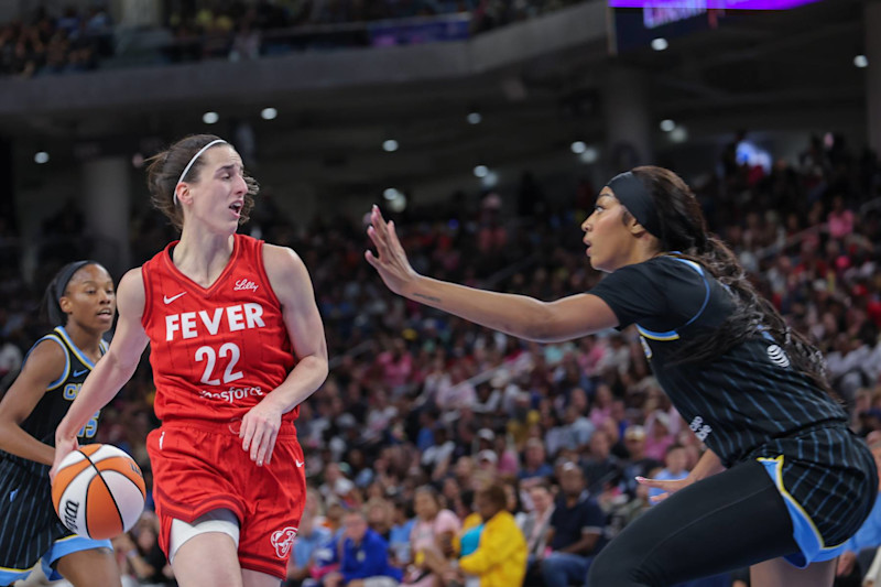 CHICAGO, IL - AUGUST 30: Angel Reese #5 of the Chicago Sky guards  Caitlin Clark #22 of the Indiana Fever
during the first half of a  WNBA game on August 30, 2024 at Wintrust Arena in Chicago, Illinois. (Photo by Melissa Tamez/Icon Sportswire via Getty Images)