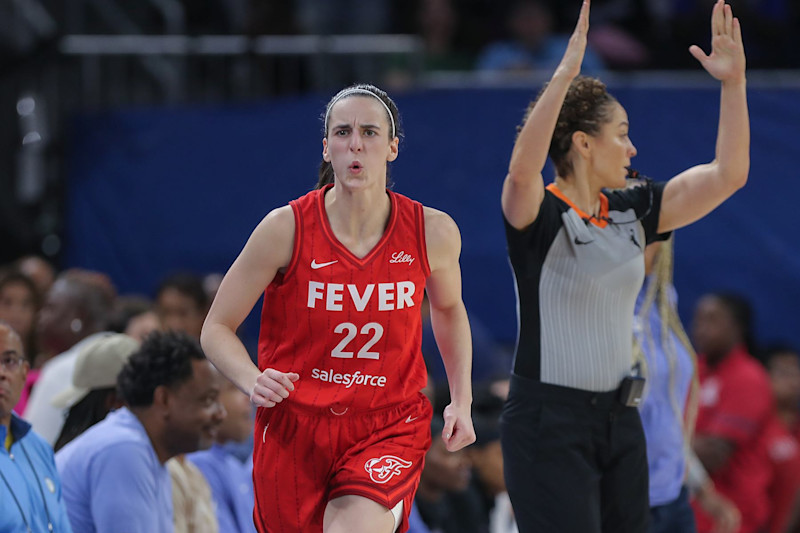 CHICAGO, IL - AUGUST 30: Caitlin Clark #22 of the Indiana Fever reacts after making a 3-point basket during the second half of a WNBA game against the Chicago Sky on August 30, 2024 at Wintrust Arena in Chicago, Illinois. (Photo by Melissa Tamez/Icon Sportswire via Getty Images)