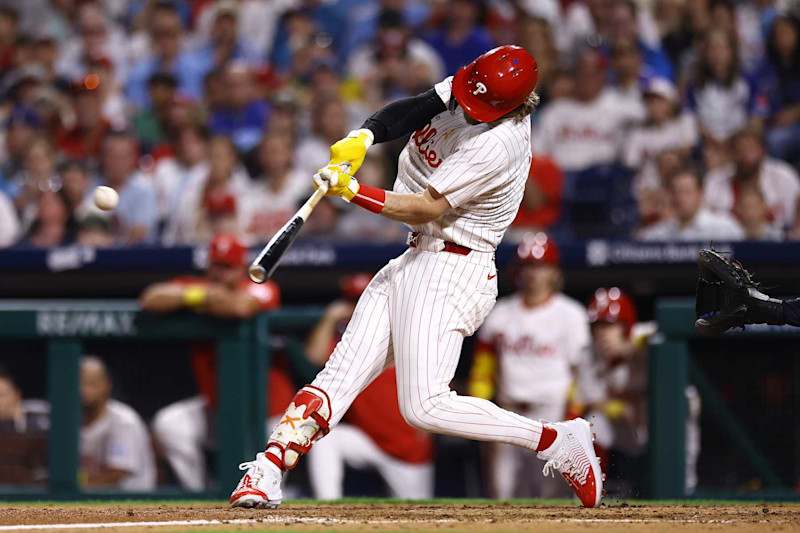 PHILADELPHIA, PENNSYLVANIA - SEPTEMBER 01: Bryce Harper #3 of the Philadelphia Phillies hits a single during the third inning against the Atlanta Braves at Citizens Bank Park on September 01, 2024 in Philadelphia, Pennsylvania. (Photo by Tim Nwachukwu/Getty Images)