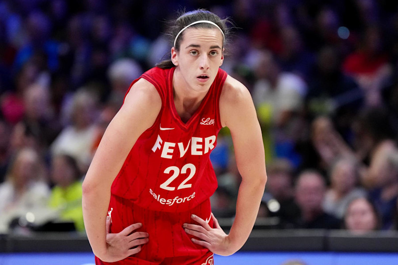 ARLINGTON, TEXAS - SEPTEMBER 01: Caitlin Clark #22 of the Indiana Fever looks on in the first half against the Dallas Wings at College Park Center on September 01, 2024 in Arlington, Texas. NOTE TO USER: User expressly acknowledges and agrees that, by downloading and or using this photograph, User is consenting to the terms and conditions of the Getty Images License Agreement. (Photo by Sam Hodde/Getty Images)