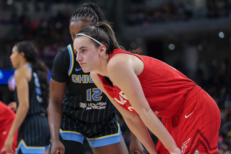 CHICAGO, IL - AUGUST 30: Caitlin Clark #22 of the Indiana Fever looks on during the first half of a WNBA game against the Chicago Sky on August 30, 2024 at Wintrust Arena in Chicago, Illinois. (Photo by Melissa Tamez/Icon Sportswire via Getty Images)