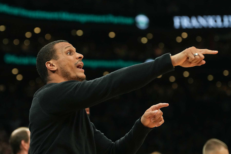 Boston, MA - June 17: Boston Celtics head coach Joe Mazzulla instructs players during the second quarter in Game 5 of the 2024 NBA Finals. (Photo by Barry Chin/The Boston Globe via Getty Images)