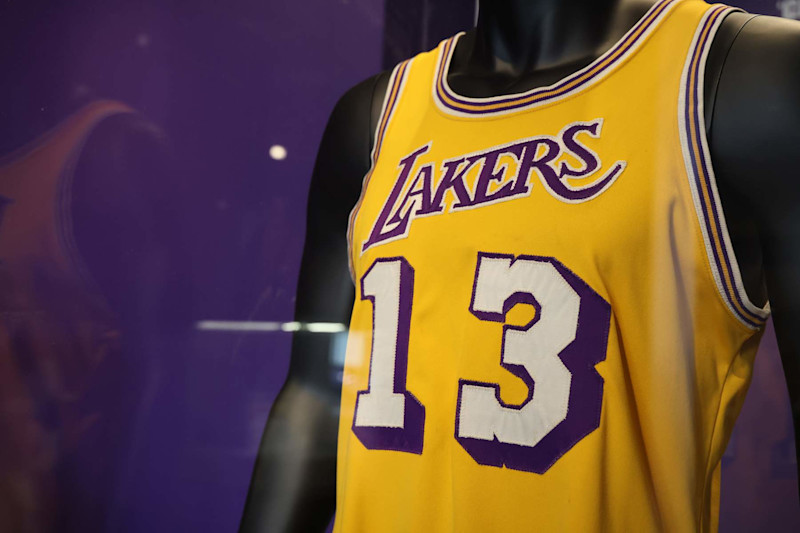 LOS ANGELES, CALIFORNIA - AUGUST 01: Wilt Chamberlain's 1972 NBA Finals jersey from the Los Angeles Lakers 1st ever Championship is on display during the press preview at Sotheby's Auction House on August 01, 2023 in Los Angeles, California. (Photo by Rodin Eckenroth/Getty Images)