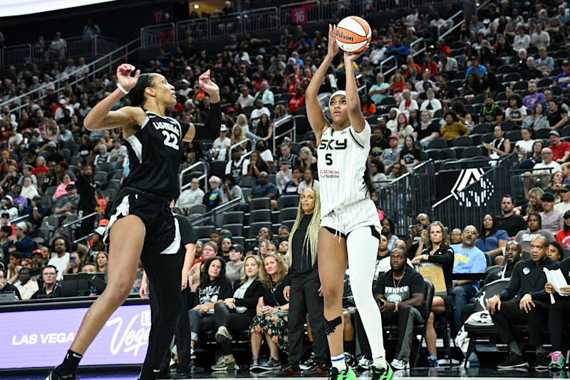 LAS VEGAS, NV - SEPTEMBER 3: Angel Reese #5 of the Chicago Sky shoots the ball during the game on September 3, 2024 at T-Mobile Arena in Las Vegas, Nevada. NOTE TO USER: User expressly acknowledges and agrees that, by downloading and or using this photograph, User is consenting to the terms and conditions of the Getty Images License Agreement. Mandatory Copyright Notice: Copyright 2024 NBAE (Photo by Stephen Greathouse/NBAE via Getty Images)