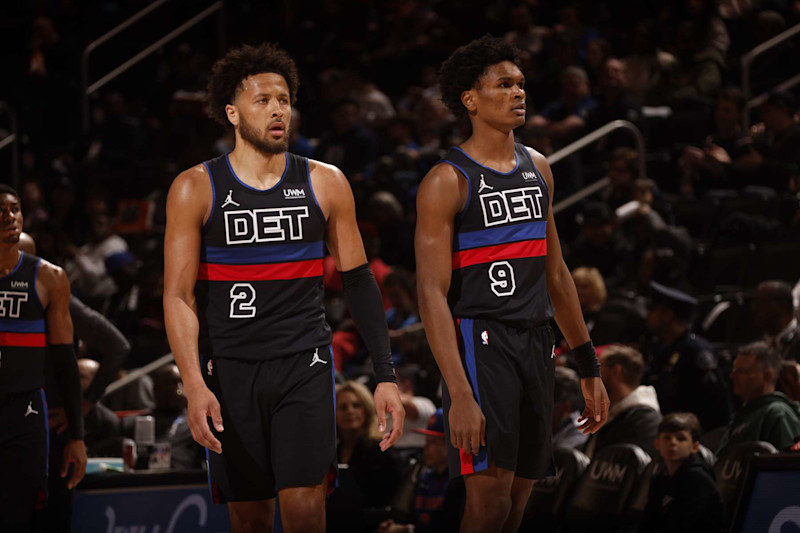 DETROIT, MI - MARCH 1: Cade Cunningham #2 and Ausar Thompson #9 of the Detroit Pistons during the game against the Cleveland Cavaliers on March 1, 2024 at Little Caesars Arena in Detroit, Michigan. NOTE TO USER: User expressly acknowledges and agrees that, by downloading and/or using this photograph, User is consenting to the terms and conditions of the Getty Images License Agreement. Mandatory Copyright Notice: Copyright 2024 NBAE (Photo by Brian Sevald/NBAE via Getty Images)