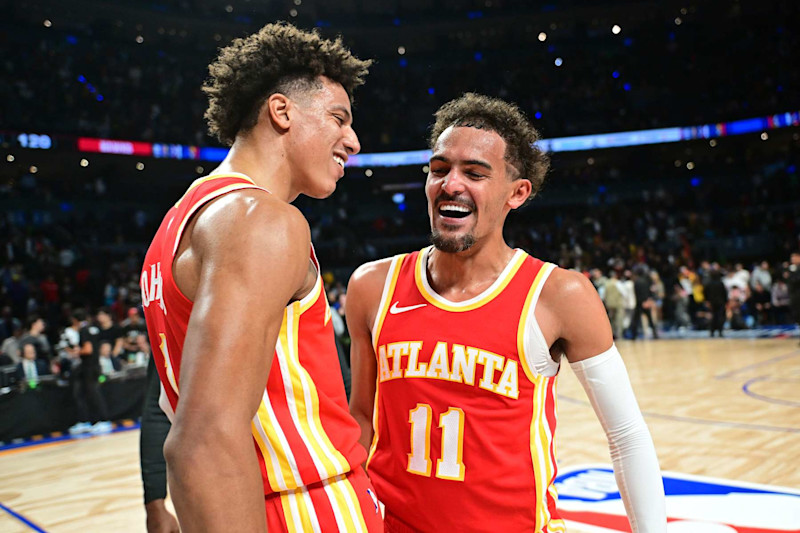 MEXICO CITY, MX - NOVEMBER 9: Trae Young #11 and Jalen Johnson #1 of the Atlanta Hawks celebrate after the game against the Orlando Magic as part of 2023 NBA Mexico Games on November 9, 2023 at Arena Ciudad de Mexico in Mexico City, Mexico. NOTE TO USER: User expressly acknowledges and agrees that, by downloading and or using this photograph, User is consenting to the terms and conditions of the Getty Images License Agreement. Mandatory Copyright Notice: Copyright 2023 NBAE (Photo by Adam Hagy/NBAE via Getty Images)