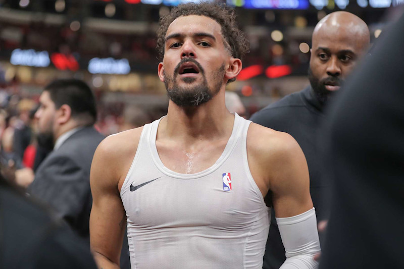 CHICAGO, IL - APRIL 17: Trae Young #11 of the Atlanta Hawks walks back to the locker room after the 2024 Play-In Tournament against the Chicago Bulls at the United Center on April 17, 2024 in Chicago, Illinois. (Photo by Melissa Tamez/Icon Sportswire via Getty Images)